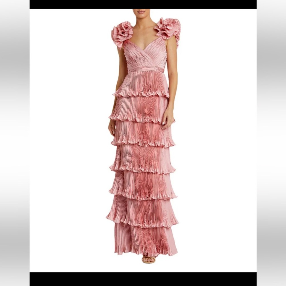 Mac Duggal Satin Fit and Flare Gown with Sweetheart Neckline Ruffle Cap Sleeves